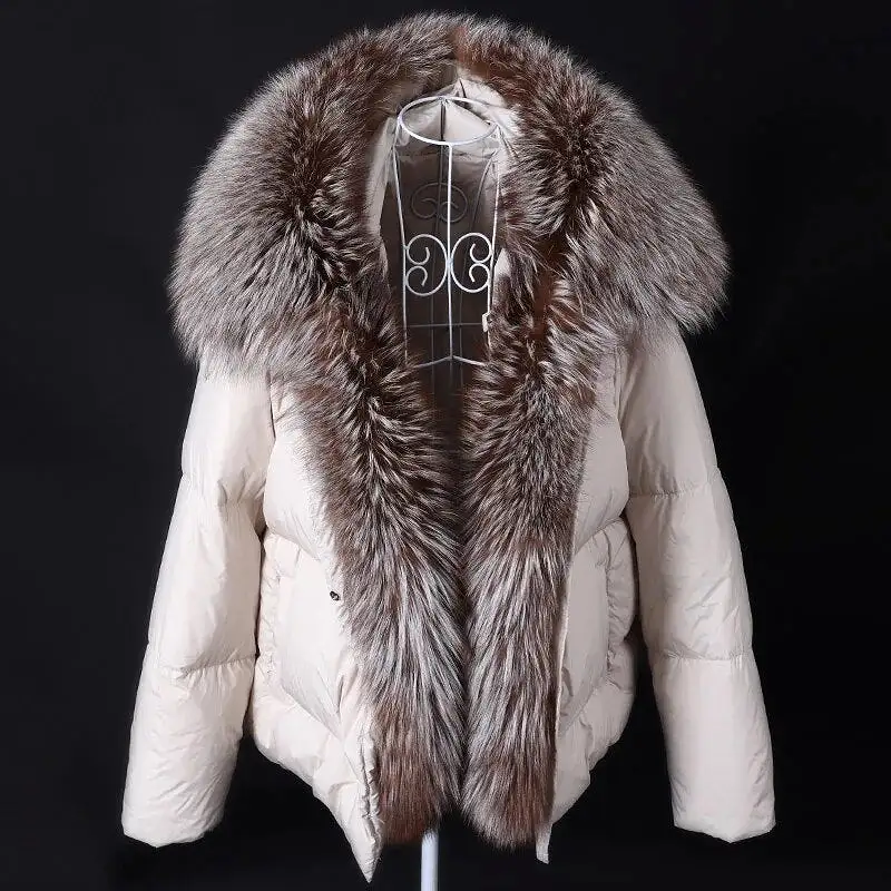 2023 White Duck Down Jacket Winter Women Warm Loose Coat Natural Real Fox Fur Collar