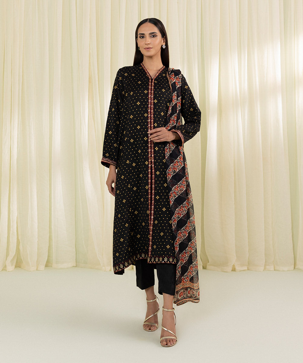 3 Piece - Embroidered Raw Silk Suit