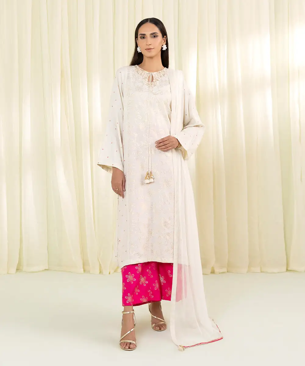 3 Piece - Embroidered Raw Silk Suit