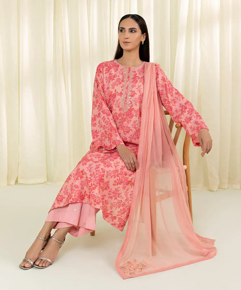 3 Piece - Embroidered Raw Silk Suit