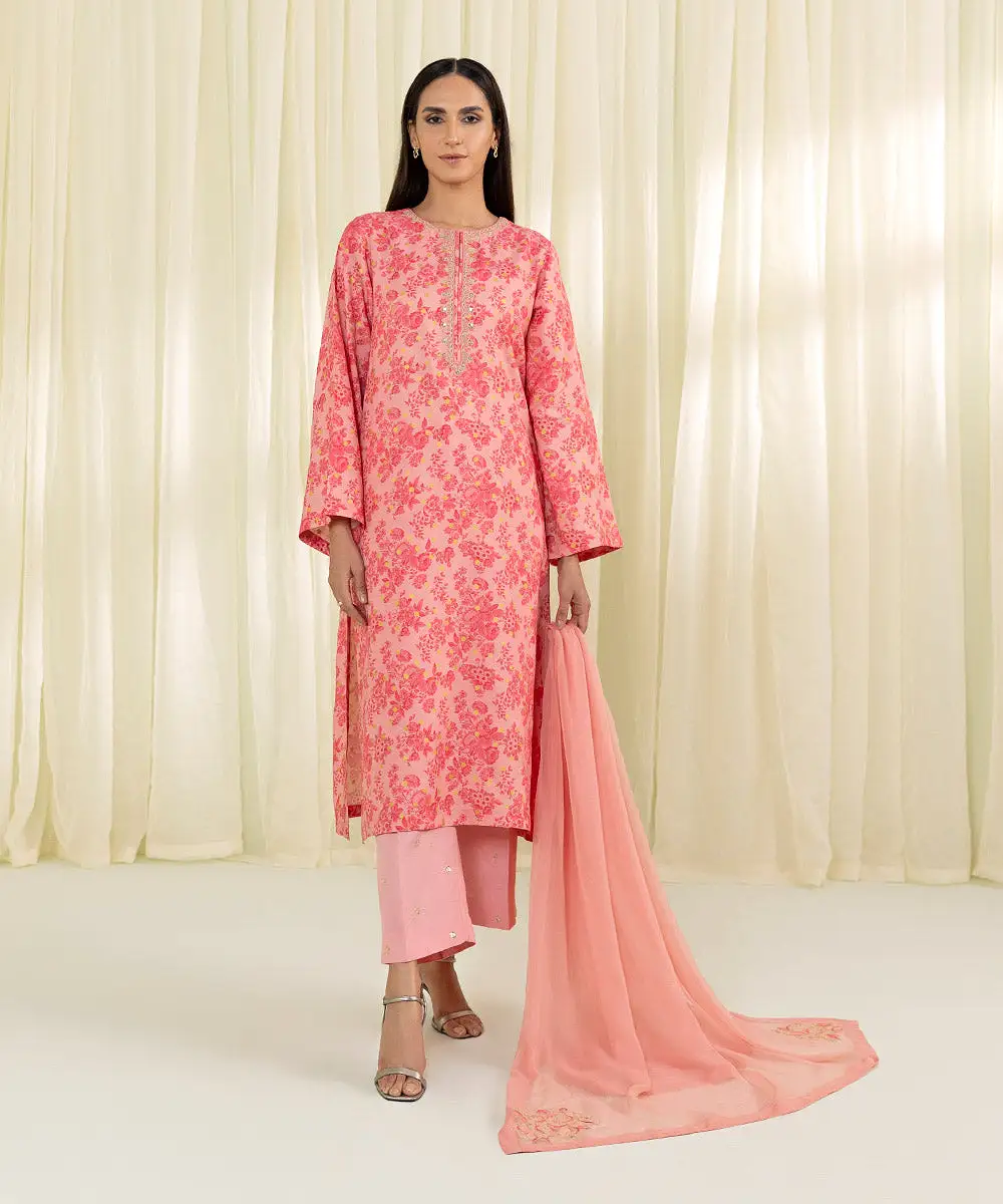 3 Piece - Embroidered Raw Silk Suit