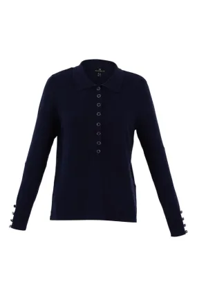 7105- Polo Collar Button Front Jumper-Navy- Marble