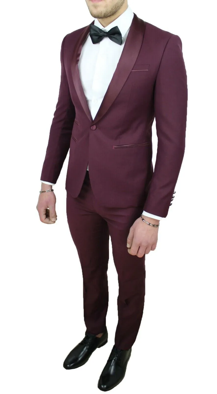 Abito uomo Smoking Bordeaux Raso completo slim fit aderente giacca con pantaloni