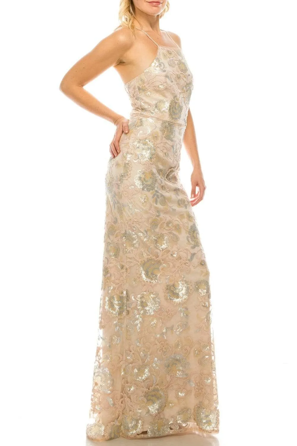 Adrianna Papell - AP1E202991 Floral Sequined Halter Sheath Dress