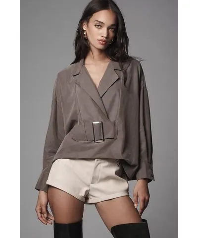 Anthropologie Long-Sleeve Collared Belted Top