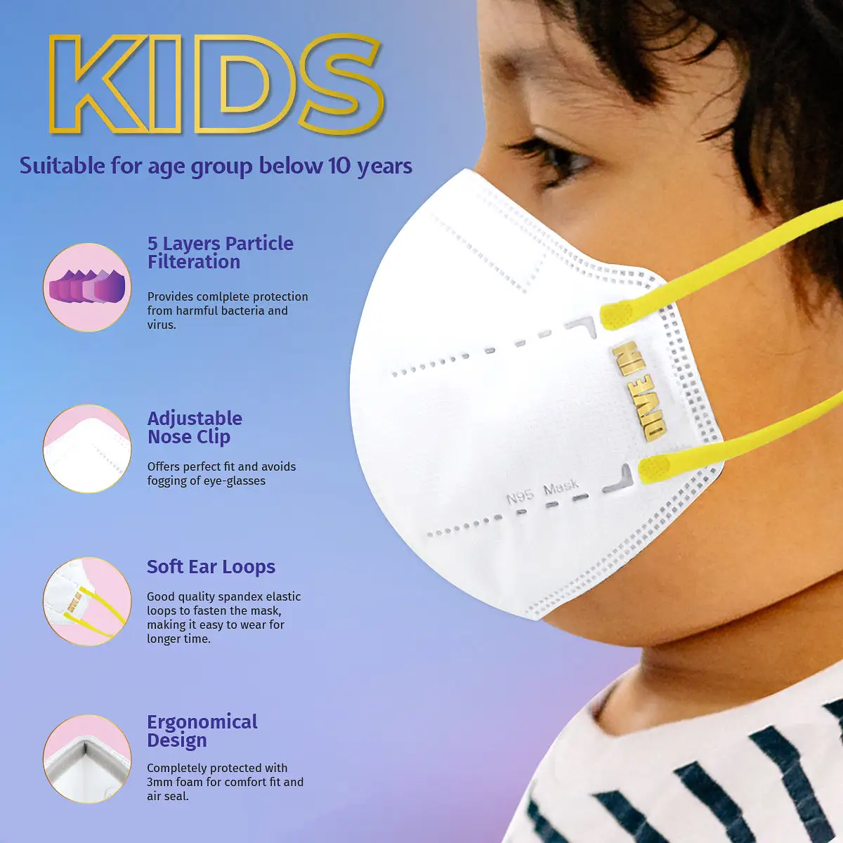 Arctic Fox KIDS N95 Respirator Mask Gold Series (Pack of 2, White and Black)