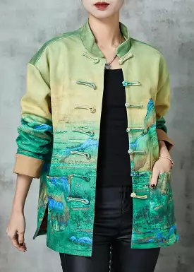 Art Green Print Chinese Button Silk Jacket Spring JK1065