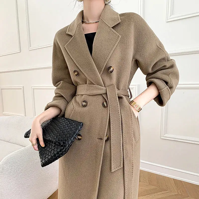 Ashore Shop Autumn and Winter New Cashmere Coat Women's Classic Double-breasted Women's Thickened Double-sided Wool Long Coat  M