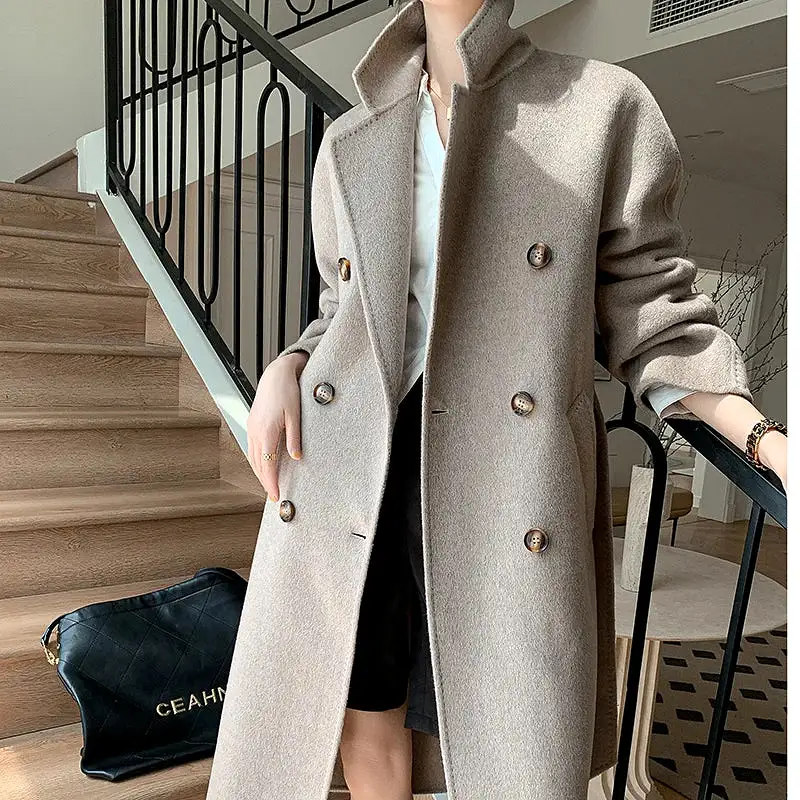 Ashore Shop Autumn and Winter New Cashmere Coat Women's Classic Double-breasted Women's Thickened Double-sided Wool Long Coat  M