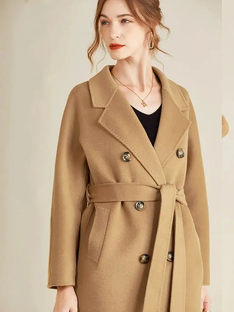 Ashore Shop Autumn and Winter New Cashmere Coat Women's Classic Double-breasted Women's Thickened Double-sided Wool Long Coat  M