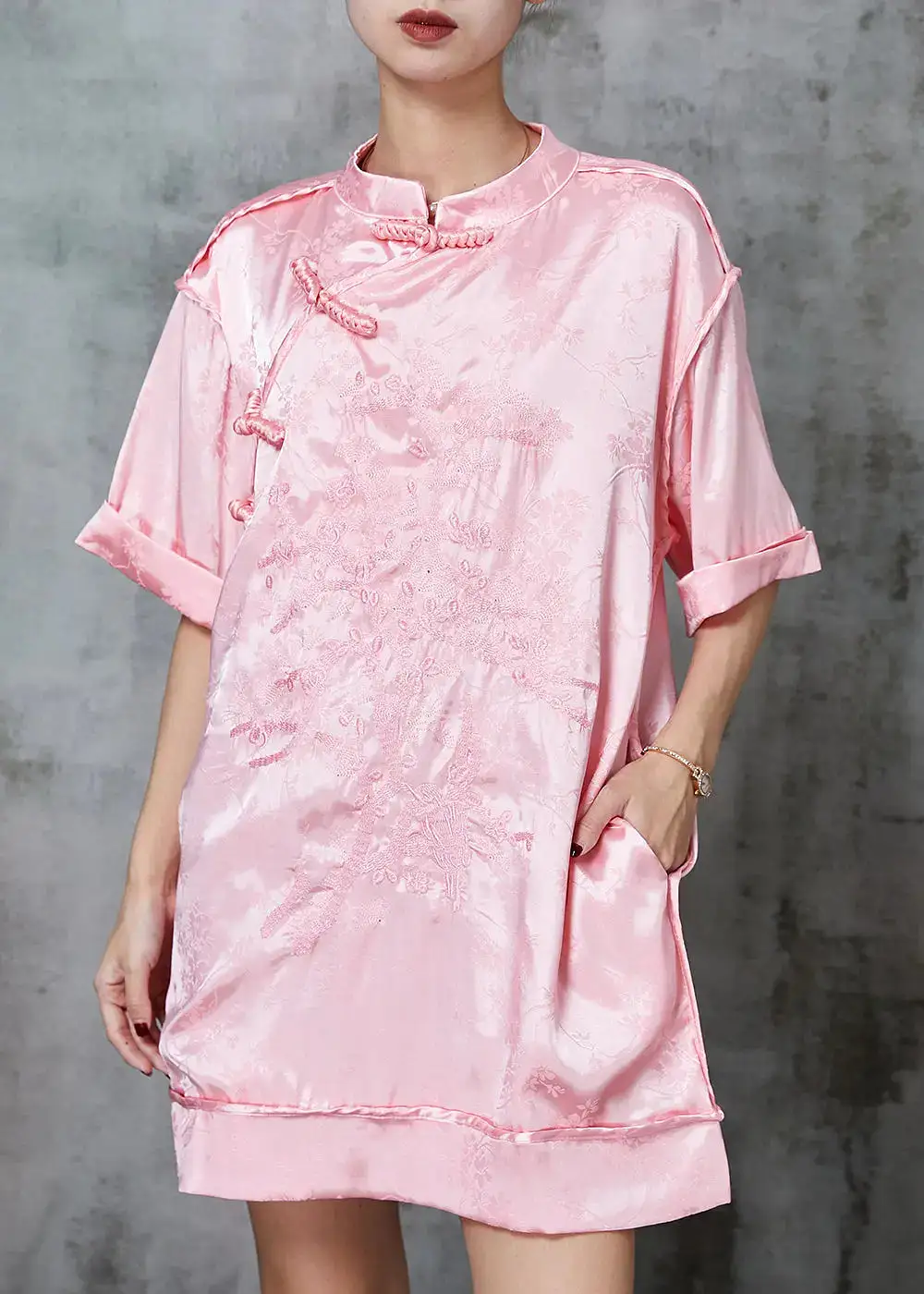 Beautiful Pink Embroidered Chinese Button Silk Mini Dress Spring JK1006