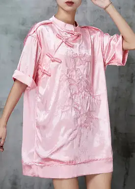 Beautiful Pink Embroidered Chinese Button Silk Mini Dress Spring JK1006