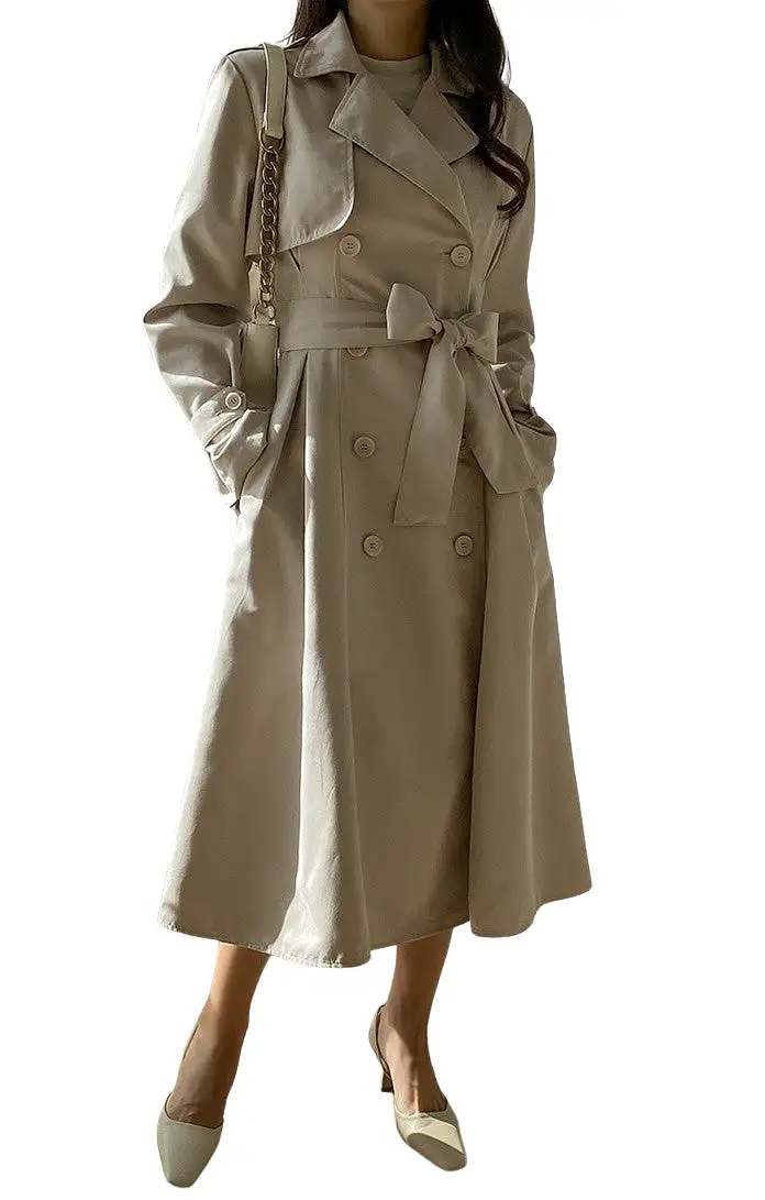 Beige Black Trench Coats Long Womens Double Breast Belted Classic Outfits Korean Kpop Fashion Style A-line