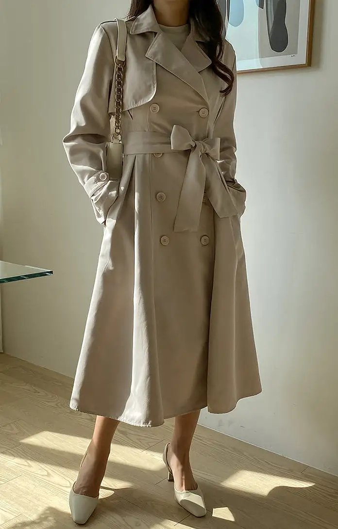 Beige Black Trench Coats Long Womens Double Breast Belted Classic Outfits Korean Kpop Fashion Style A-line