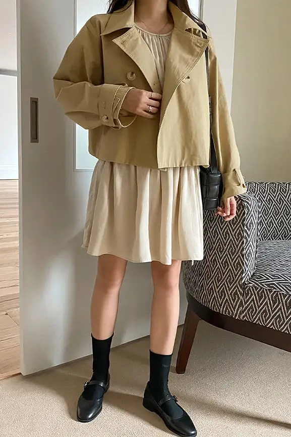 Beige Short Cropped Classic Double Breasted Trench Coats For Womens 100% Cotton Korean Clothing Clothes Outerwear Loose Fitted S