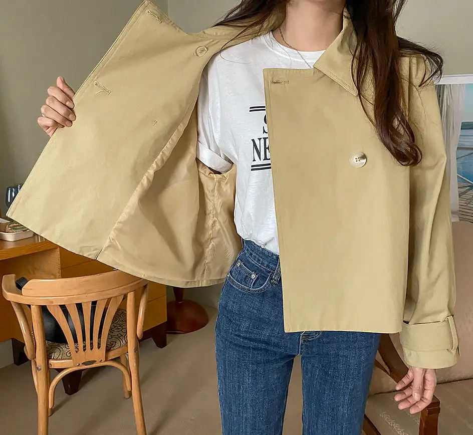 Beige Short Cropped Classic Double Breasted Trench Coats For Womens 100% Cotton Korean Clothing Clothes Outerwear Loose Fitted S