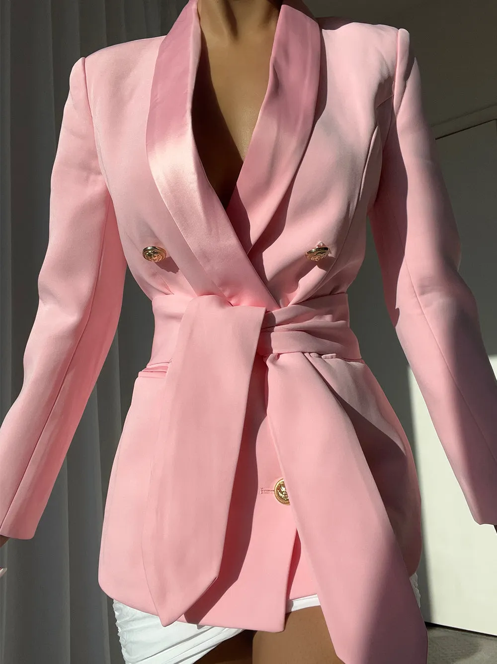 Belted Double-Breasted Crêpe Blazer in Pink