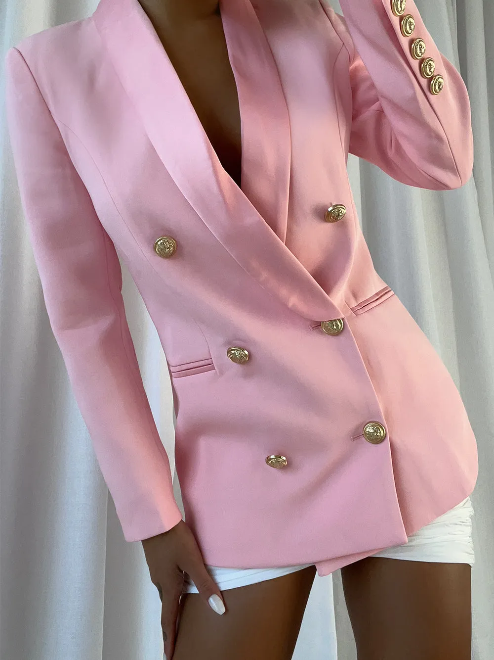 Belted Double-Breasted Crêpe Blazer in Pink