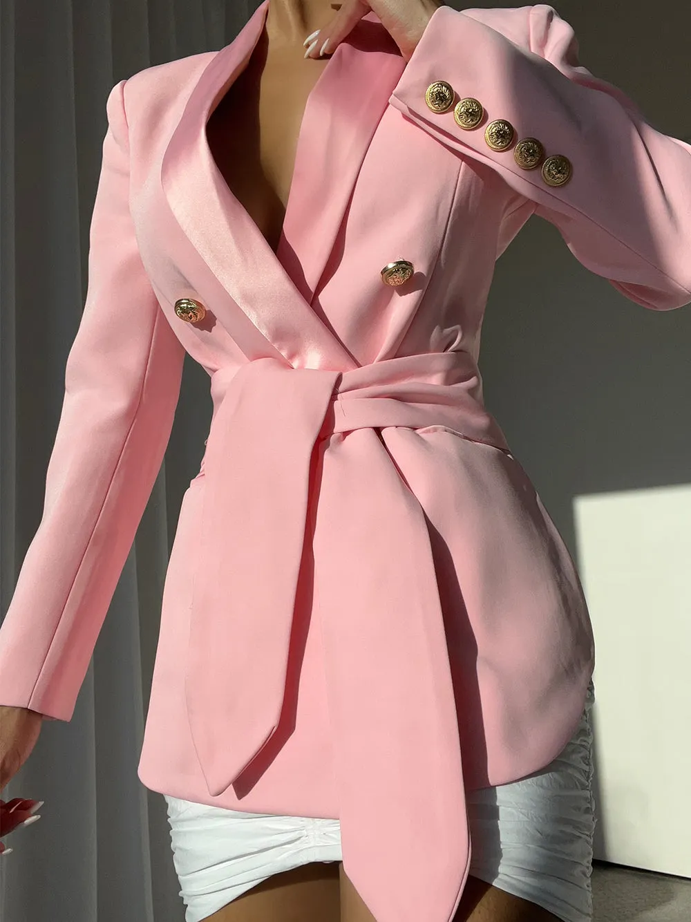 Belted Double-Breasted Crêpe Blazer in Pink