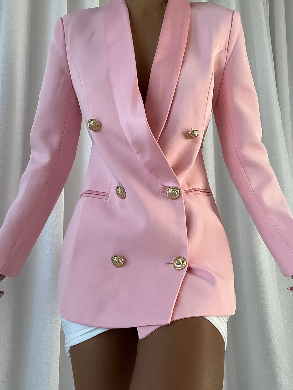 Belted Double-Breasted Crêpe Blazer in Pink