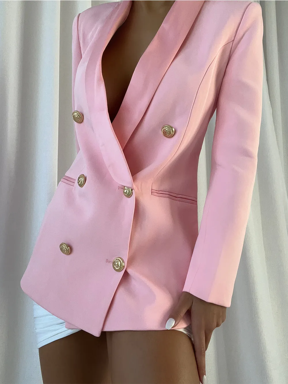 Belted Double-Breasted Crêpe Blazer in Pink