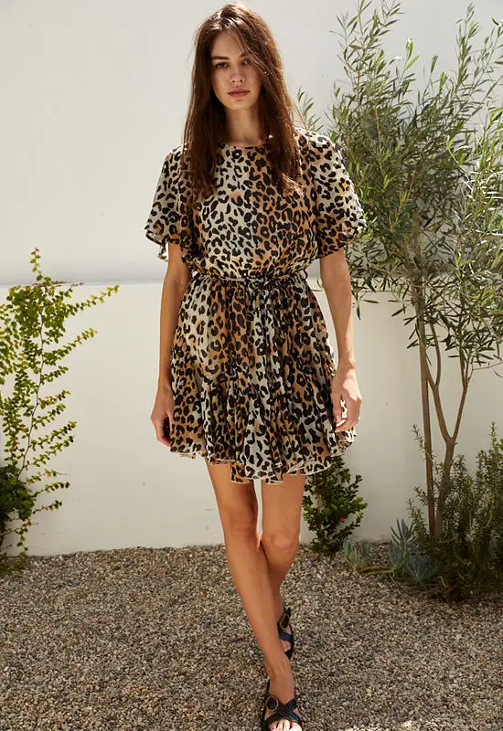 Belted  Short Sleeved Lined Dress - Leopard