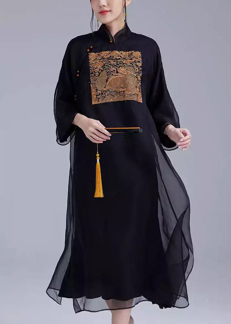 Black Button Pockets Silk Dress Stand Collar Long Sleeve QA1012