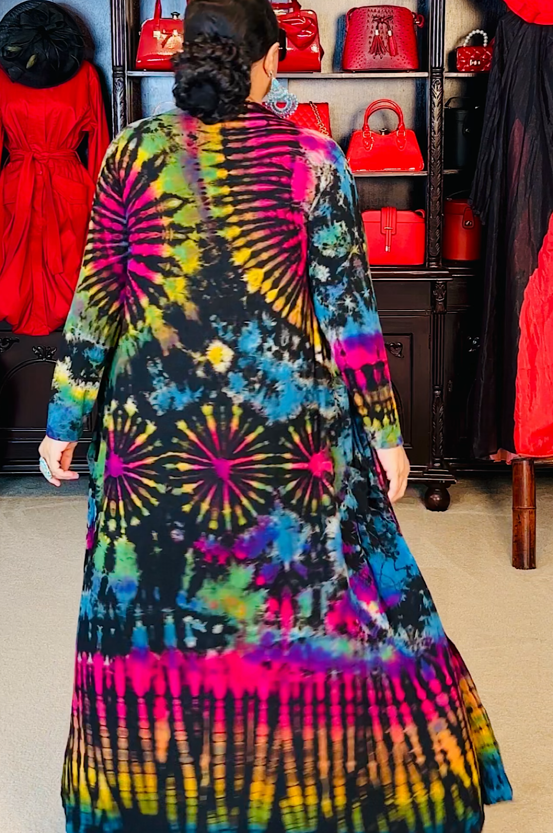 Black Rainbow Tie Dye Print Slim Fit Duster