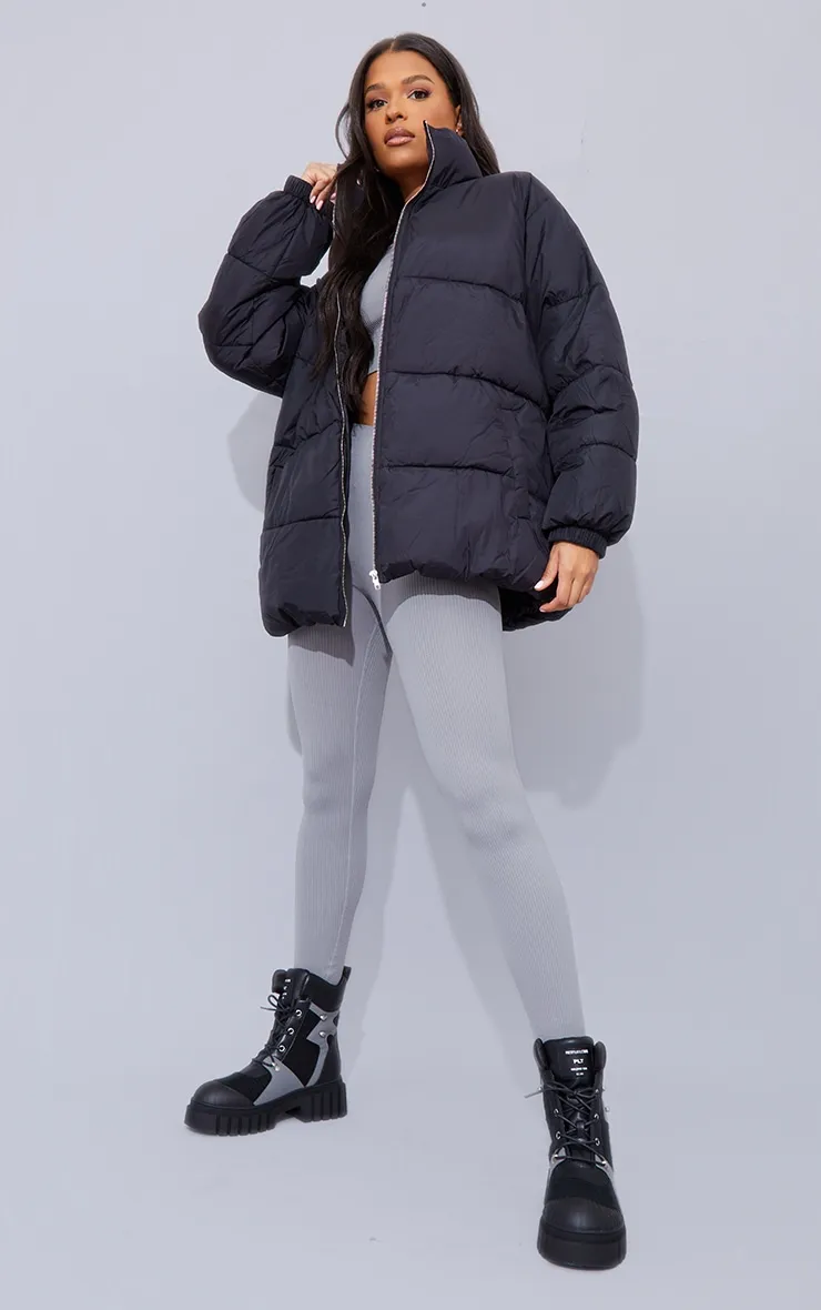 Black Soft Nylon Padded Panel Longline Puffer