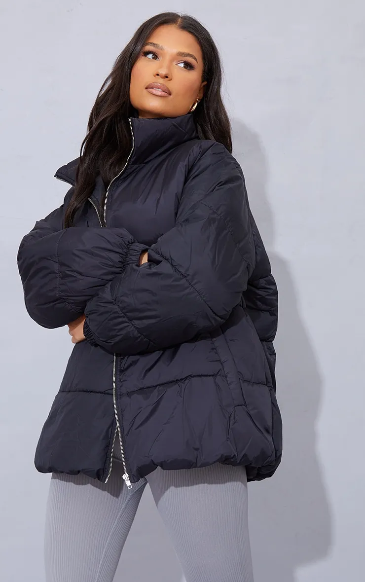 Black Soft Nylon Padded Panel Longline Puffer