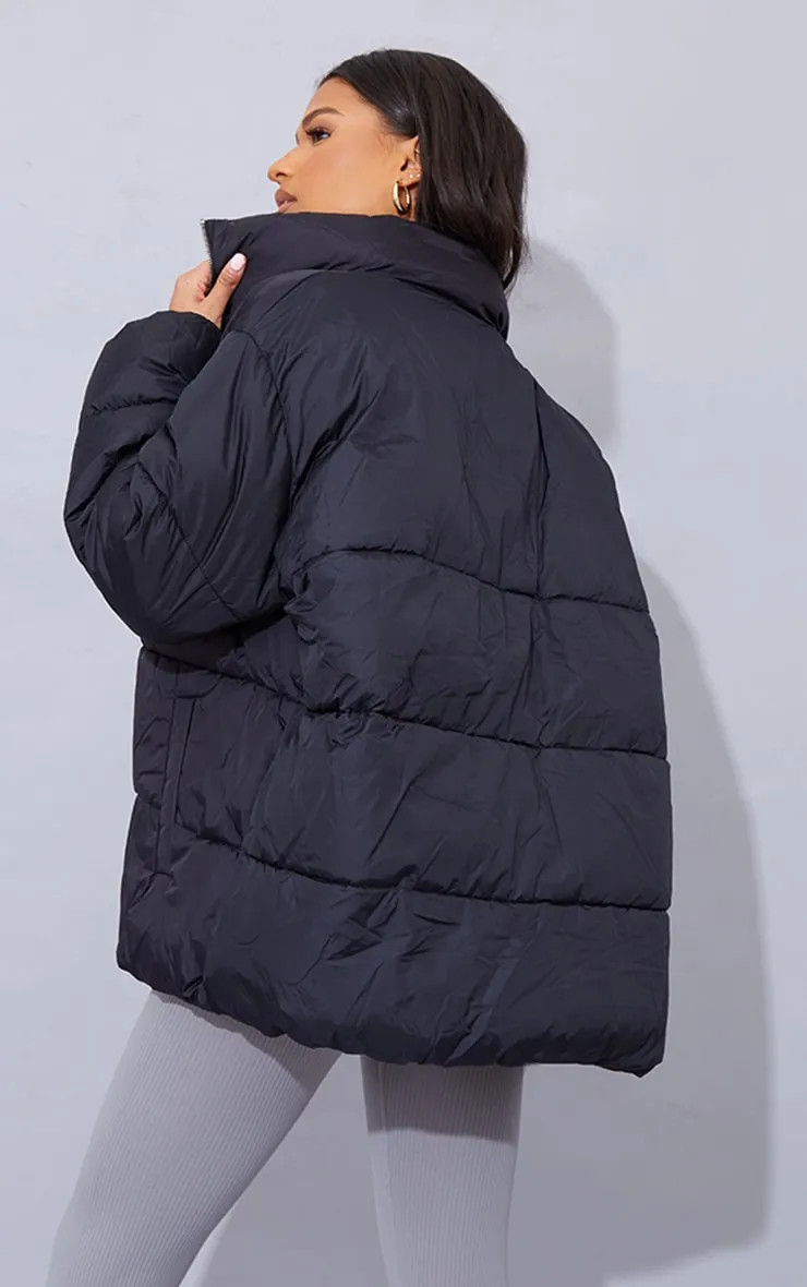 Black Soft Nylon Padded Panel Longline Puffer