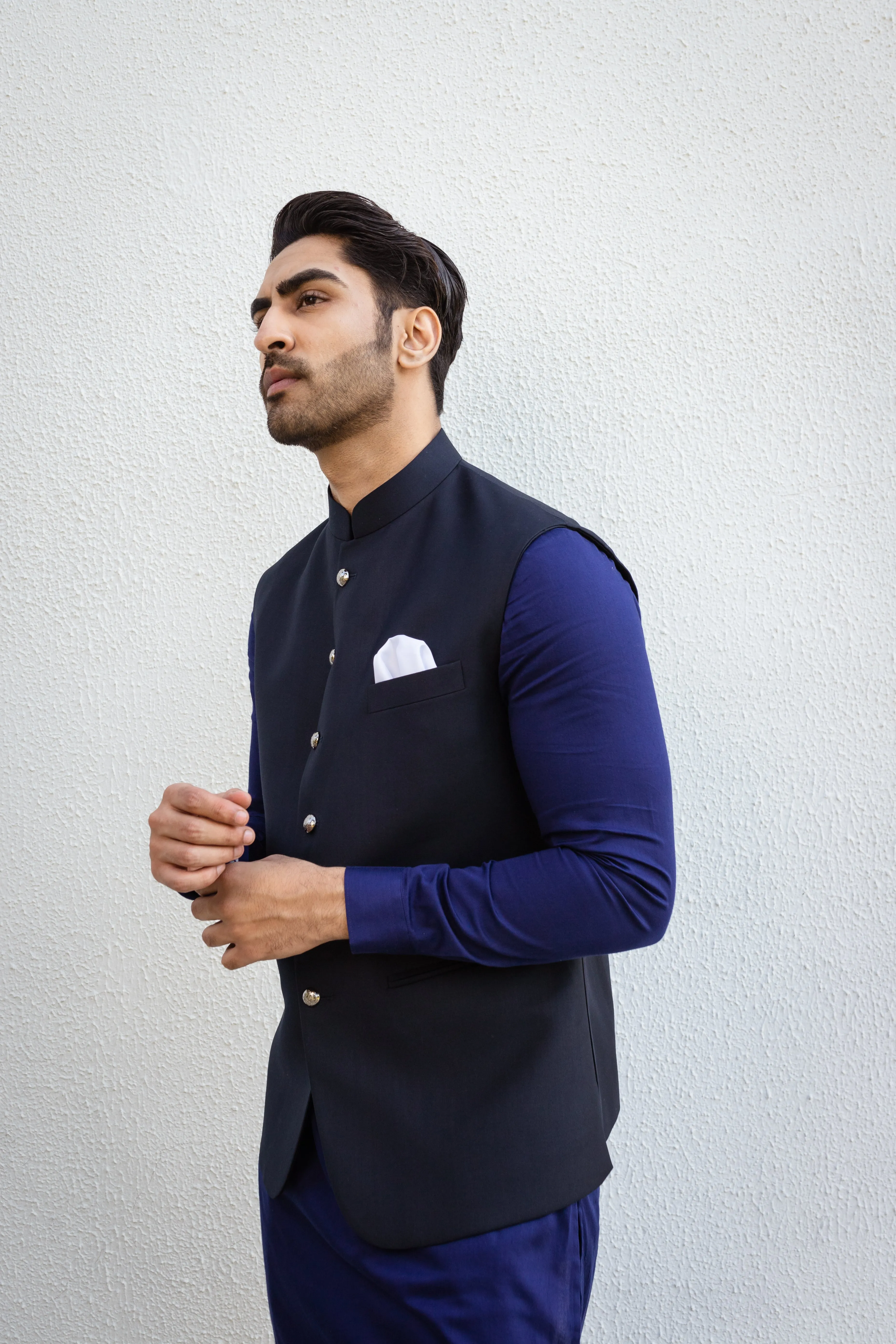 Blue Cotton Satin Kurta With Solid Nehru Jacket.