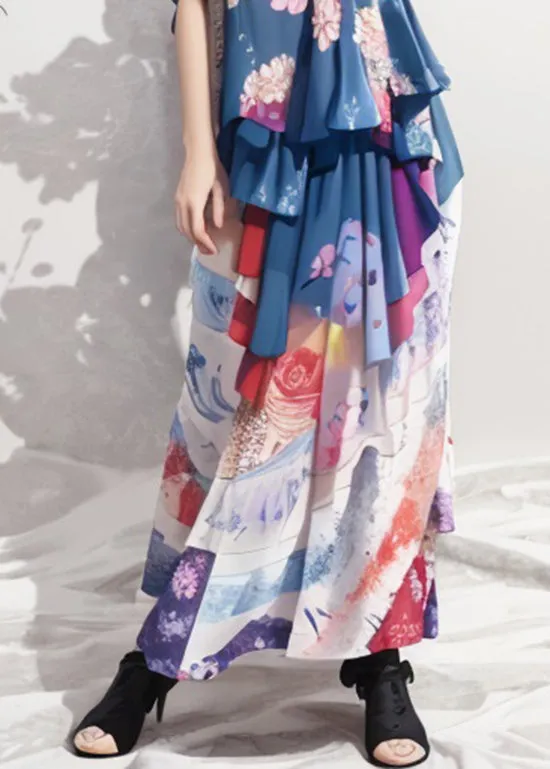 Bohemian Blue Ruffled Print Patchwork Silk Long Dresses Summer