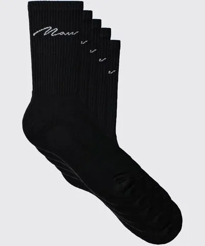 boohoo Mens 5 Pack Man Script Logo Plain Sport Socks