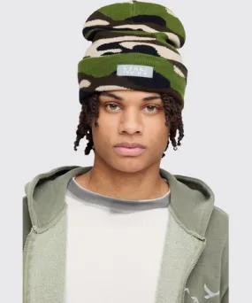 boohoo Mens Camo Print Man Woven Tab Beanie