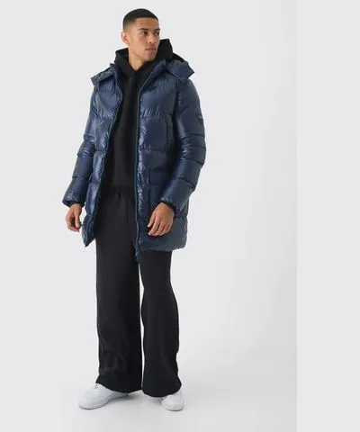 boohoo Mens High Shine & Nylon Mid Length Puffer