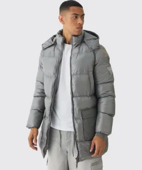 boohooMAN Mens High Shine & Nylon Mid Length Puffer