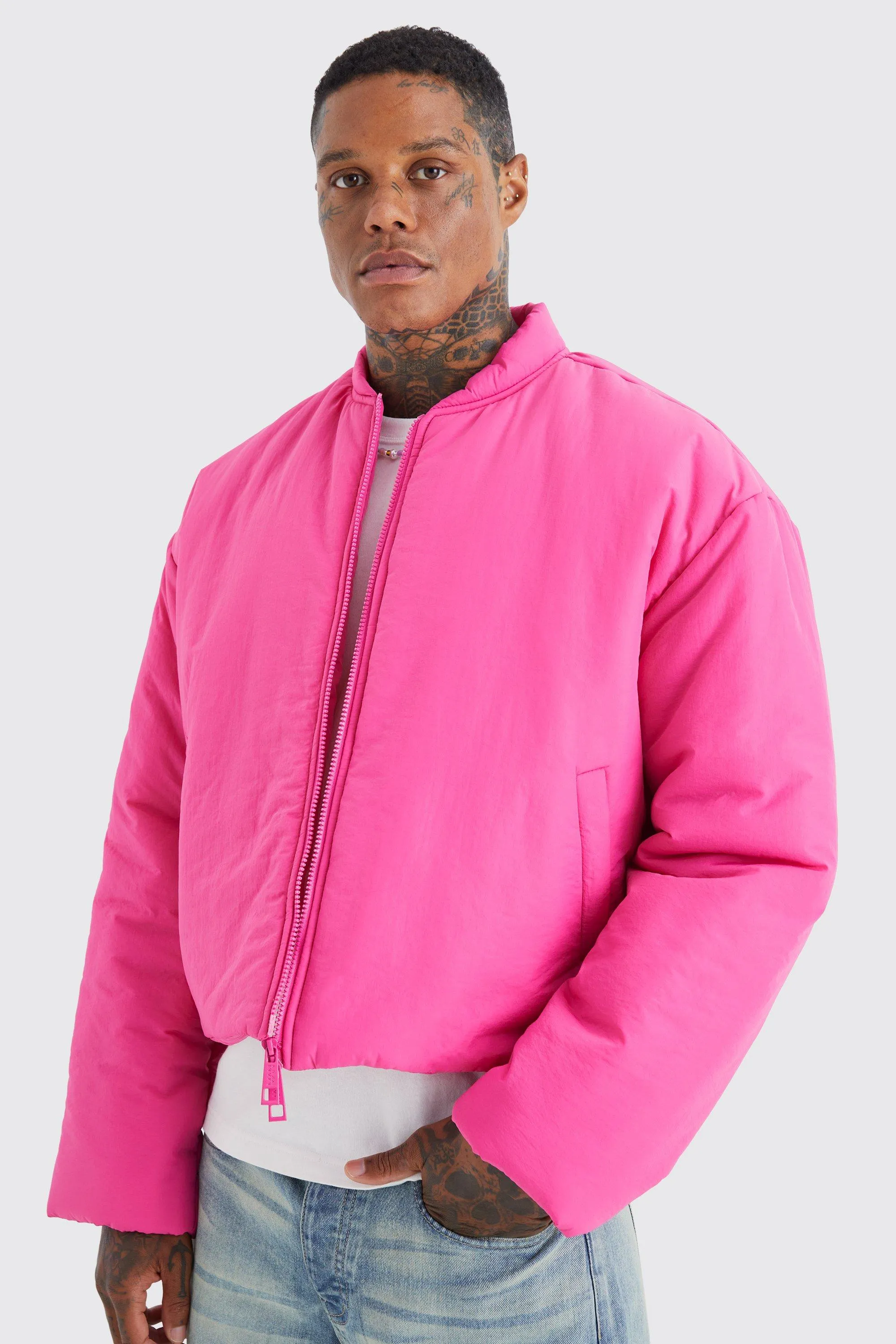 Boxy Crinkle Nylon Puffer Bomber | boohooMAN UK