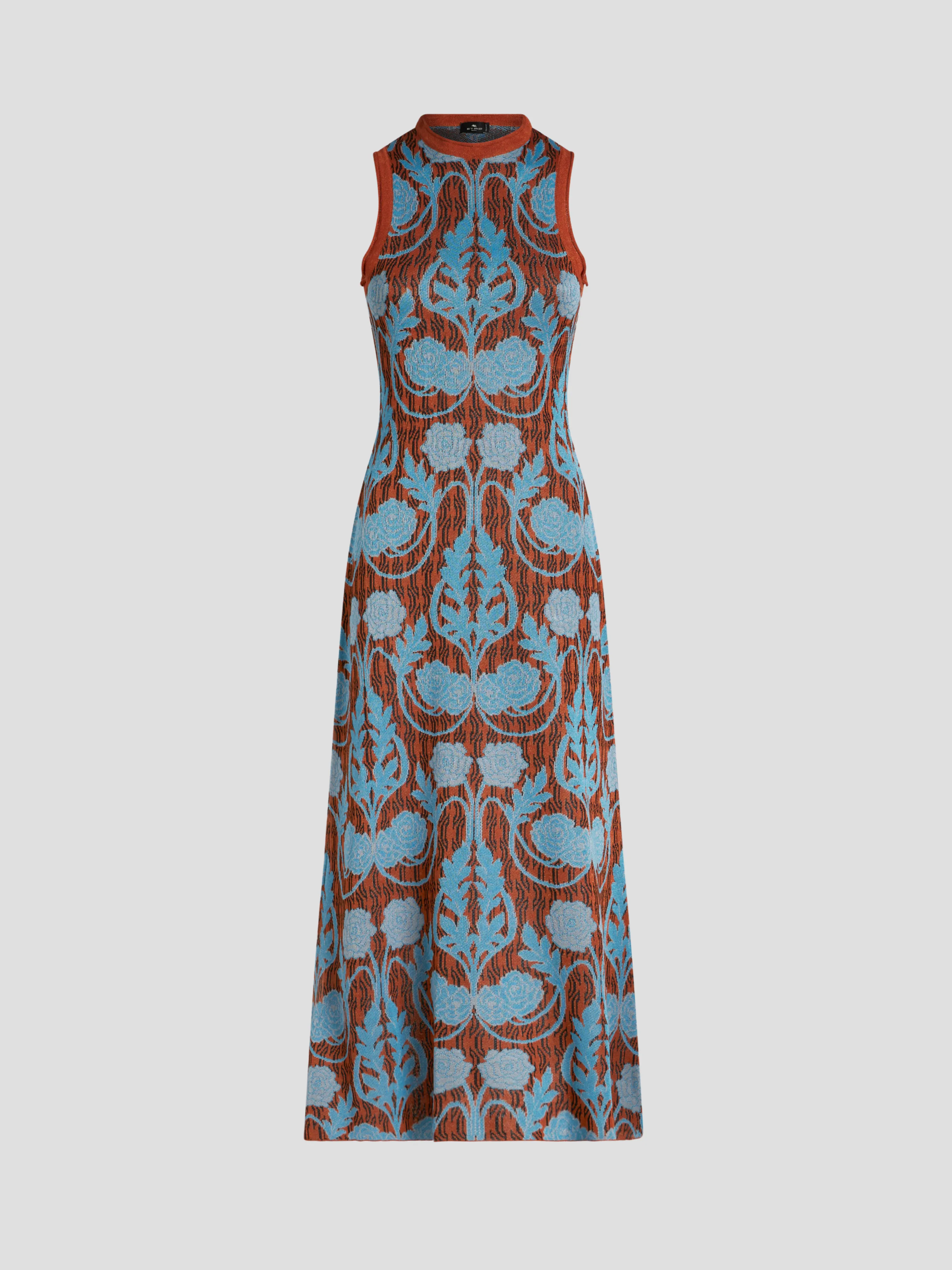 Brown and Blue Printed Sleeveless Midi Dress