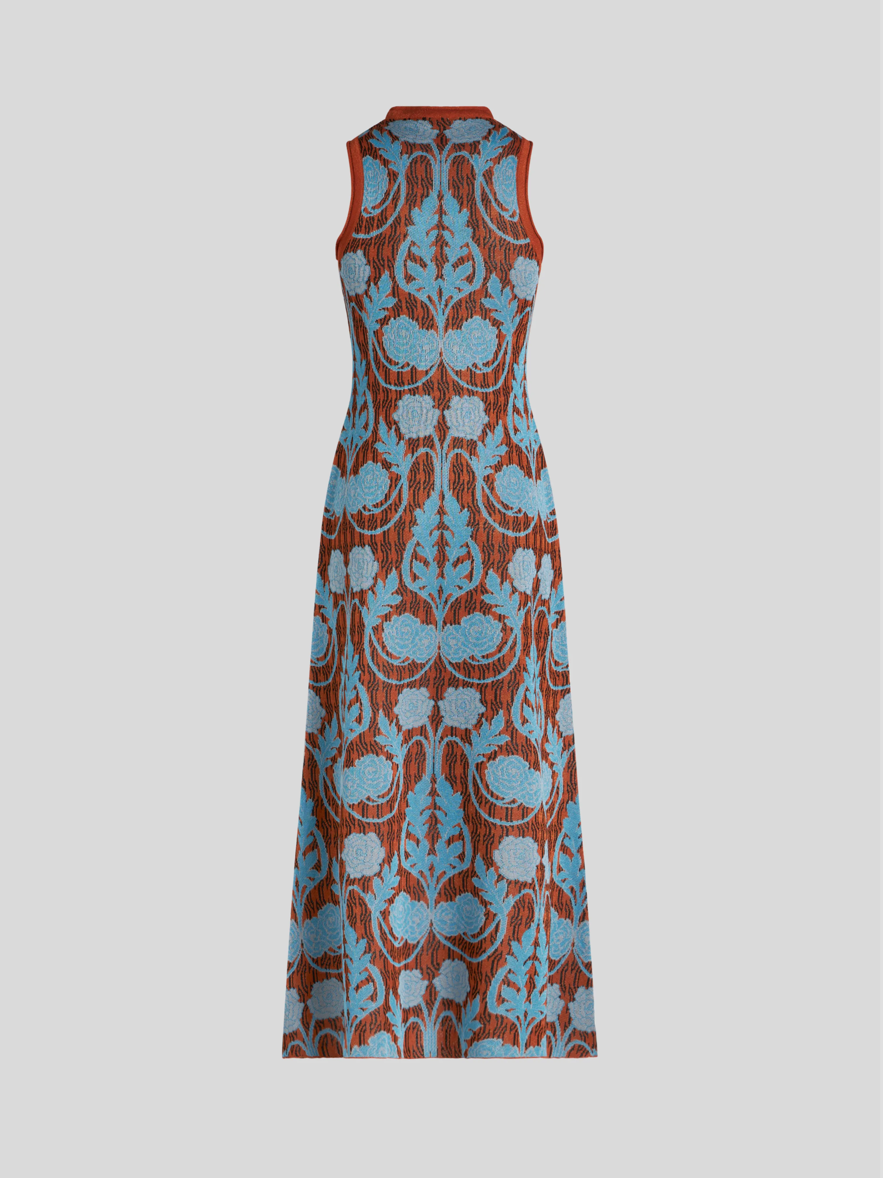 Brown and Blue Printed Sleeveless Midi Dress