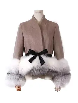 Cashmere Jacket with Dusty White Fox Fur Trim Leather Waist Tie