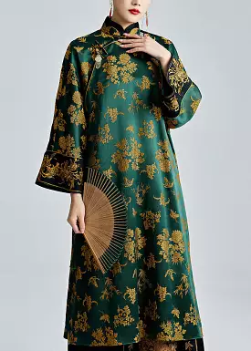 Chinese Style Green Stand Collar Jacquard Button Silk Dresses Spring QA1059