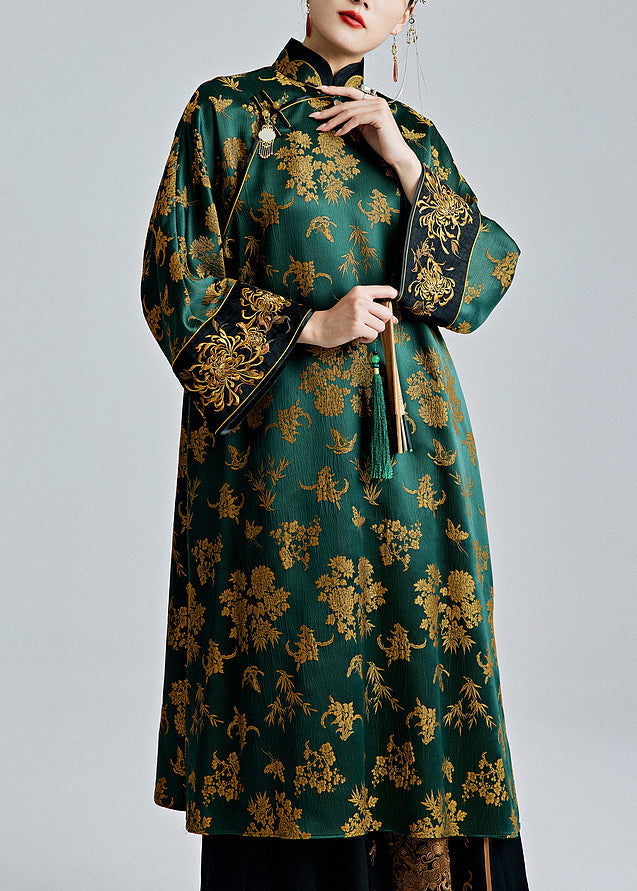 Chinese Style Green Stand Collar Jacquard Button Silk Dresses Spring QA1059