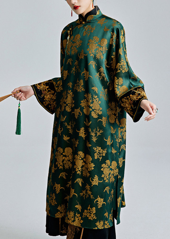 Chinese Style Green Stand Collar Jacquard Button Silk Dresses Spring QA1059