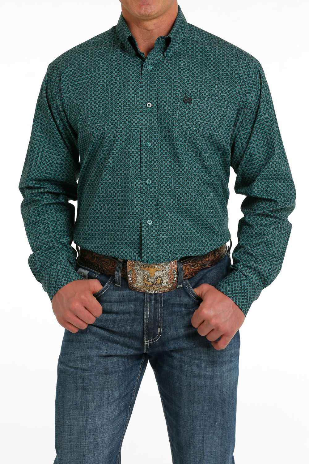 'Cinch' Men's Geo Print Classic Fit Button Down - Teal