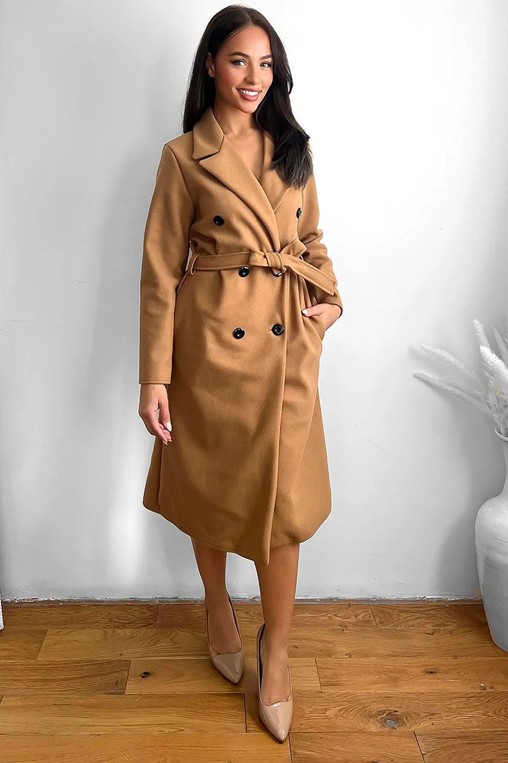 Classic Double Breasted Self Tie Midi Coat