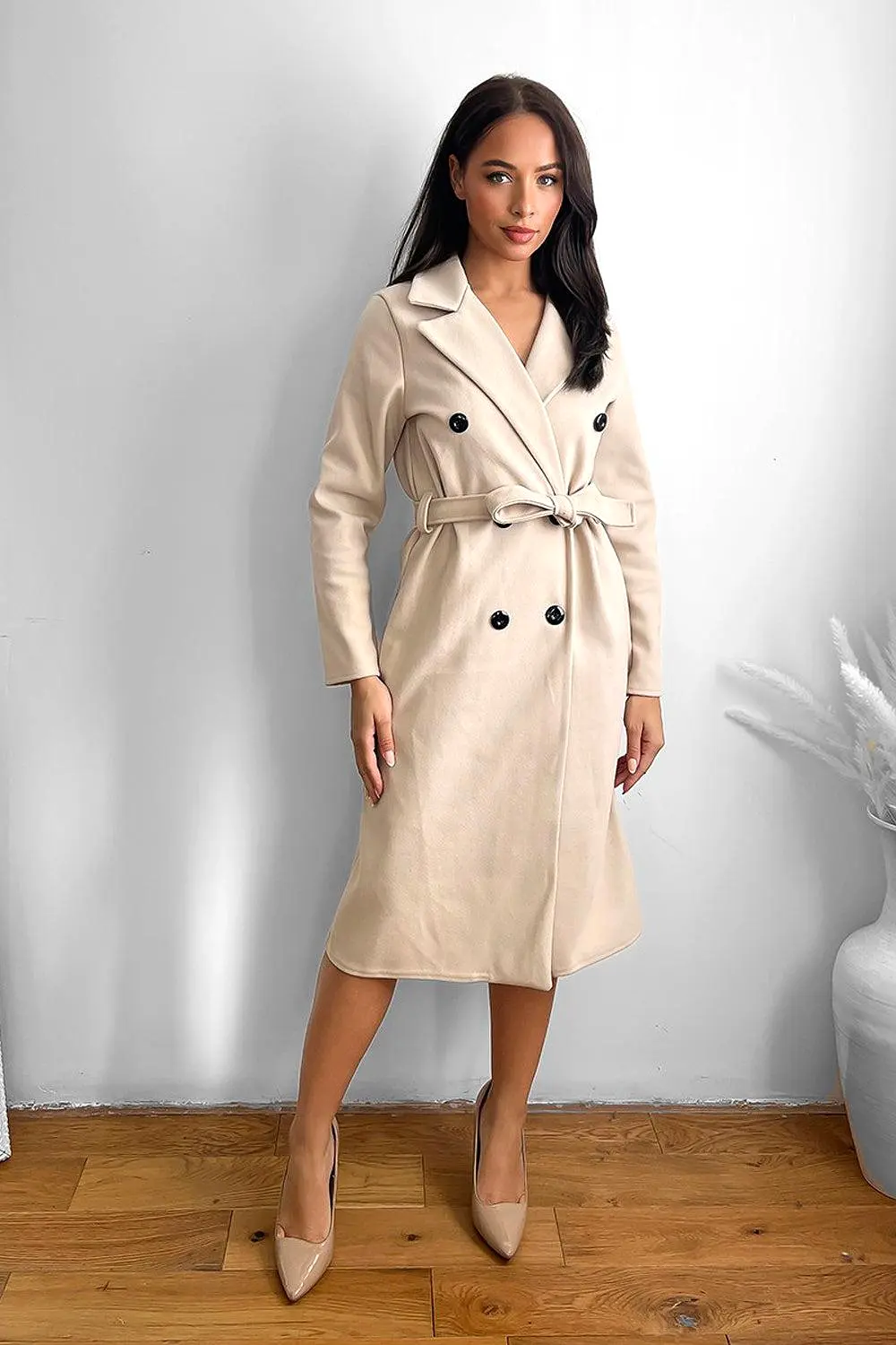 Classic Double Breasted Self Tie Midi Coat