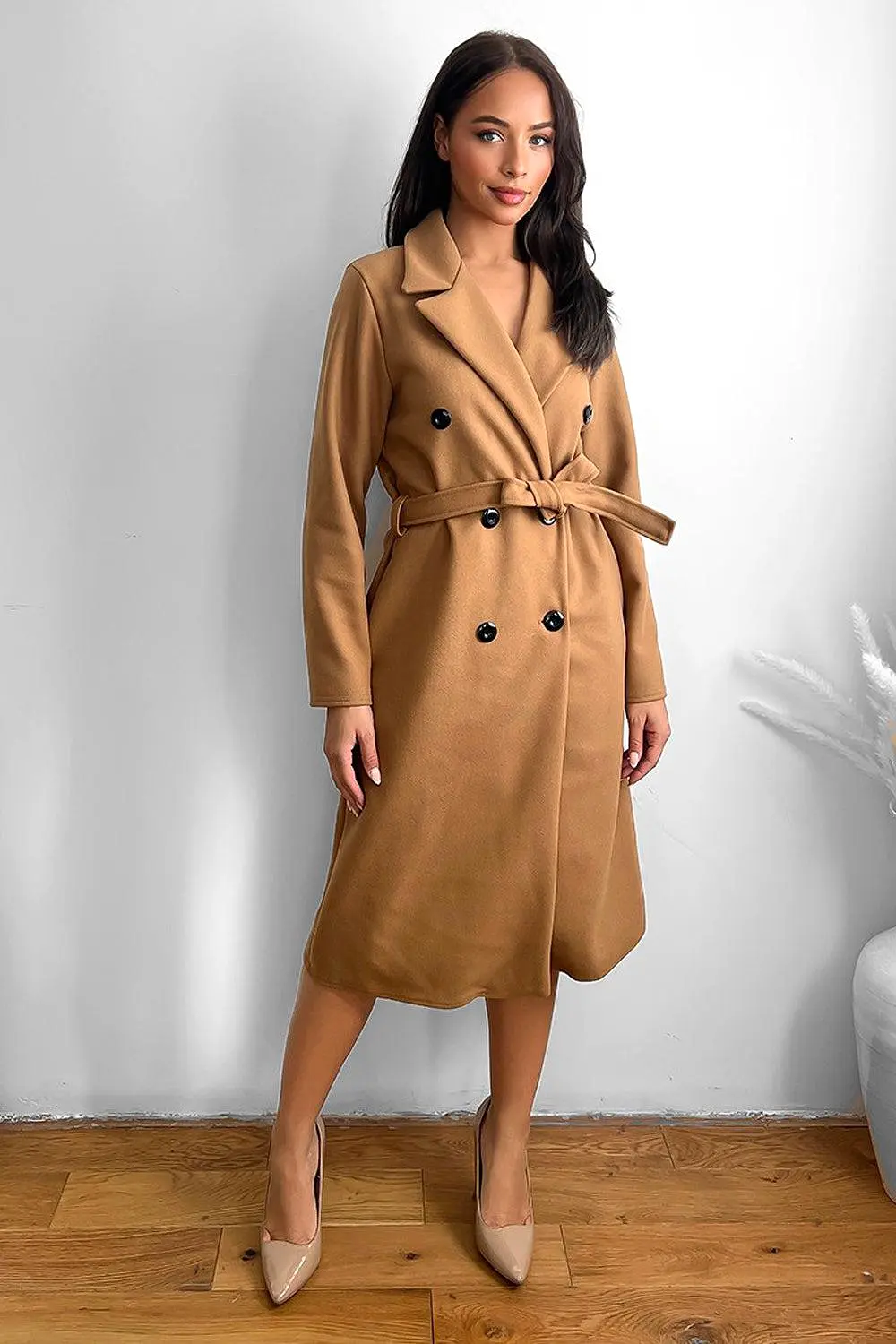 Classic Double Breasted Self Tie Midi Coat