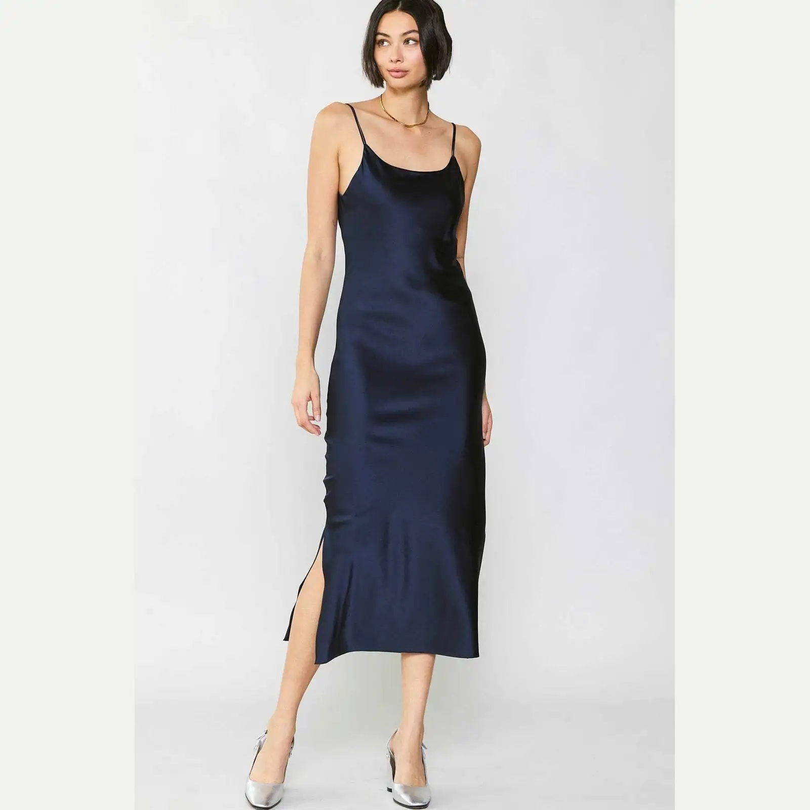 Current Air Silk Bias Strappy Midi Dress in Navy