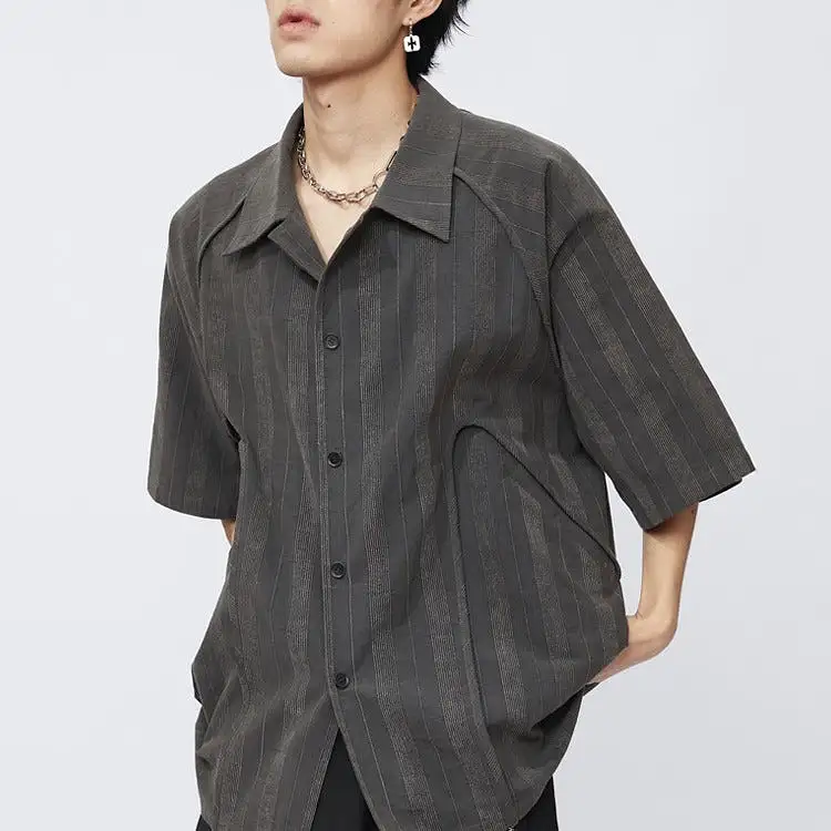 Dark striped loose retro thin short-sleeved shirt